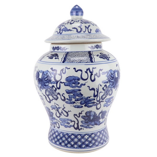 This exquisite jar is a beauty and is offered in three sizes. Elegant foo dog and floral scene with an elegant trellis...