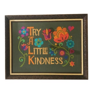 1970s Framed Embroidery "Try a Little Kindness" For Sale