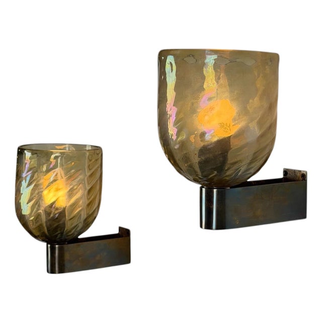 Iridescent Hammered Murano Glass Sconces attributed to Archimede Seguso, 1940s, Set of 2 For Sale