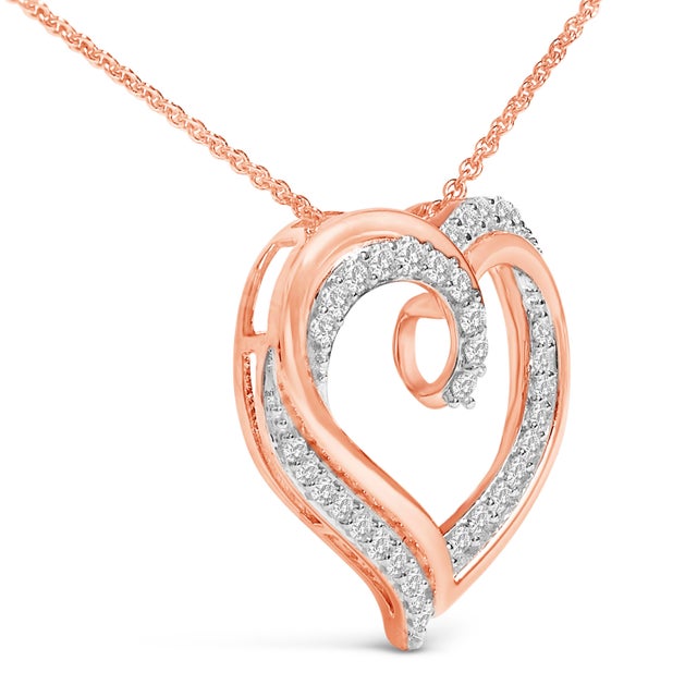 Contemporary 14K Rose Gold Plated Sterling Silver 1/2 Cttw Diamond Open Heart Pendant Necklace For Sale - Image 3 of 5