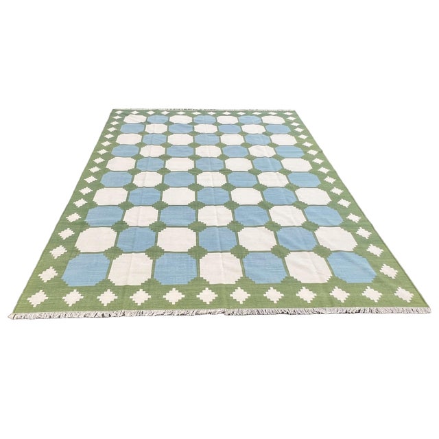 Handmade Woolen Rug, Sky Blue With Cream and Moss Green Border Tile Dhurrie - 6'x9' For Sale - Image 9 of 11
