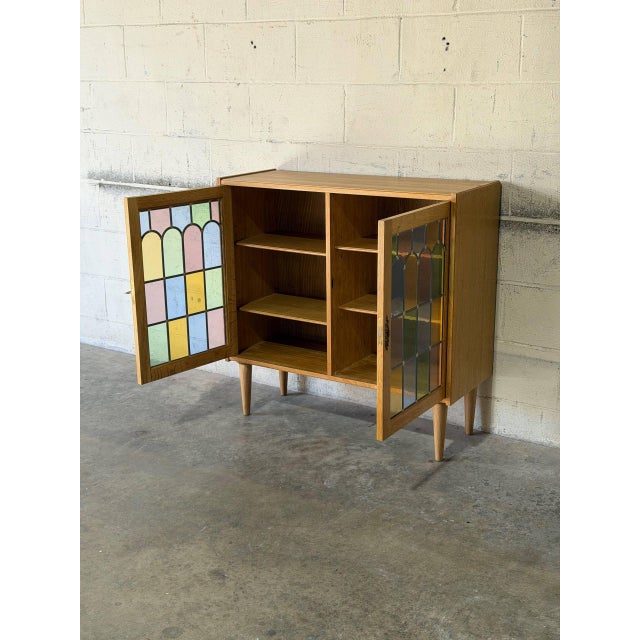 Brown Oak Two-Door Cabinet With Multi-Colored Stained Glass Doors Danish Mid-Century Modern 1970s For Sale - Image 8 of 11