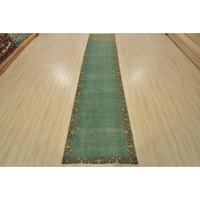 Farmhouse Tabriz Runner 3’1” X 12’9” Green Wool Vintage Distressed Hand-Knoted Rug For Sale - Image 3 of 12