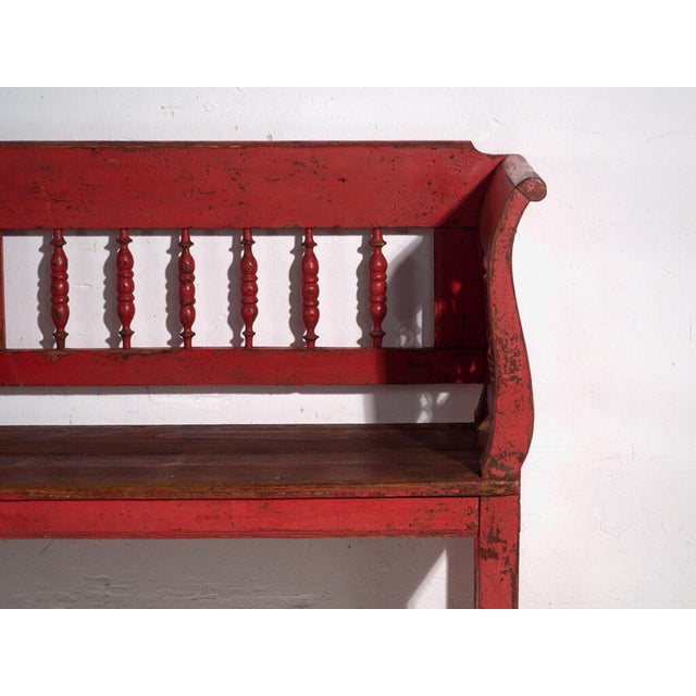 Antique Painted Pine Bench with Turned Back, Central Europe, 1900 For Sale - Image 6 of 11