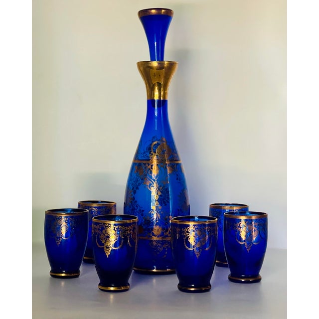 Early 20th Century Bohemian Glass Blue & Gold Decanter Set- 6 Glasses & Decanter For Sale - Image 10 of 11