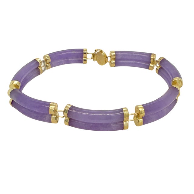 1970s Chinese Lavender Jade and 14k Gold Link Bracelet For Sale - Image 4 of 4
