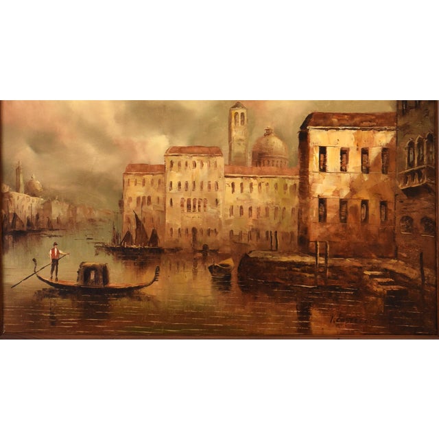 This evocative oil on canvas captures the timeless charm of Venice, Italy, under a dramatic, cloudy sky. The scene...