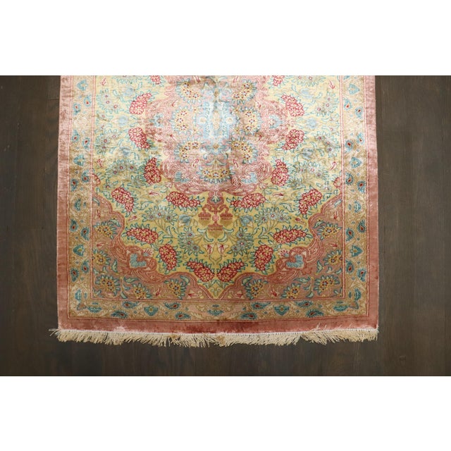Zabihi Collection Botanical Silk Persian Qum Mini Rug For Sale - Image 9 of 9