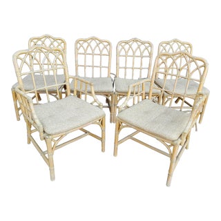 1980s Set of 6 McGuire Organic Modern Cathedral Back Rattan Dining Chairs For Sale
