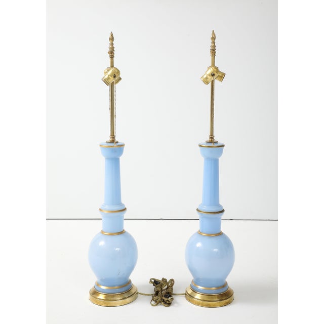 Warren Kessler Blue Glass And Brass 1950's Table Lamps - A Pair For Sale - Image 10 of 12
