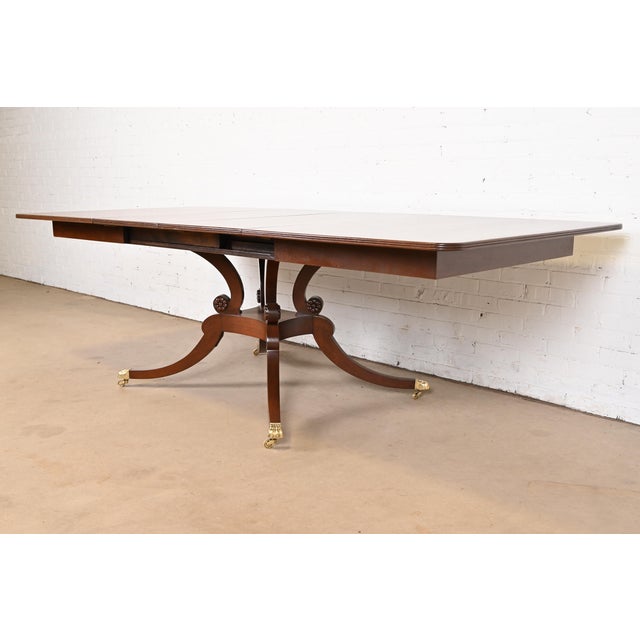 English Baker Furniture Style Georgian Banded Mahogany Pedestal Extension Dining Table, Newly Refinished For Sale - Image 3 of 12