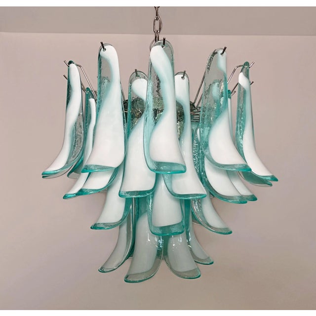 Italian Murano Style Chandelier, 36 Lattimo Turquoise Glass Petals, Mazzega Style For Sale In Los Angeles - Image 6 of 12