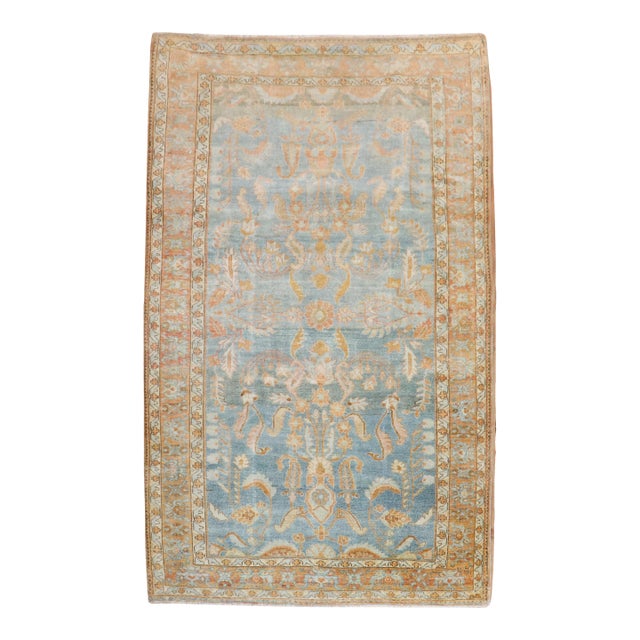 Early 20th Century Zabihi Collection Sky Blue Peach Persian Sarouk Accent Rug - 4'3" x 6'7" For Sale
