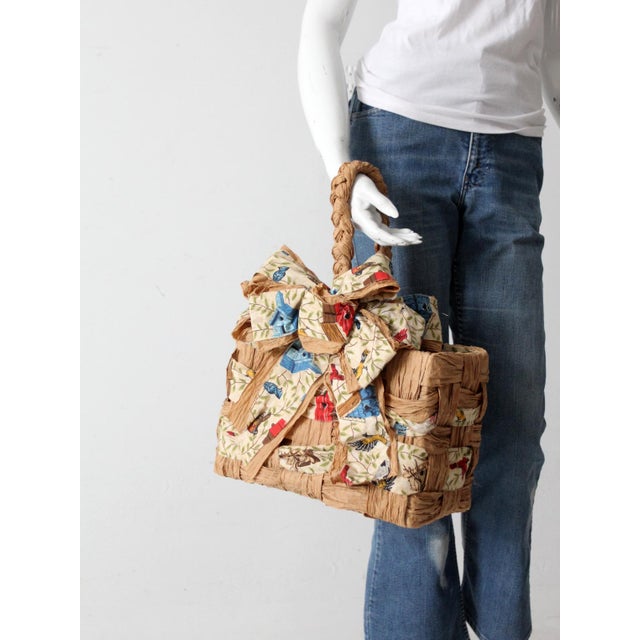 Vintage Woven Paper Basket With Bird Print Fabric For Sale - Image 6 of 11