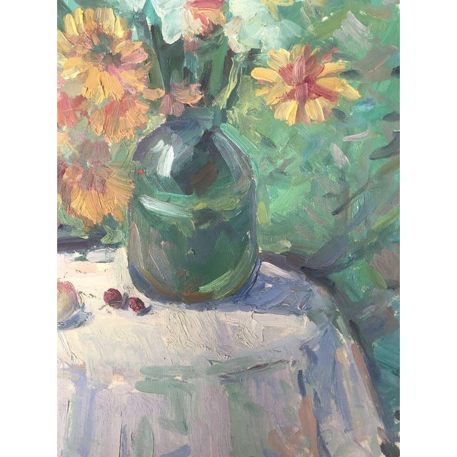 Green Oil Painting Vase With Flowers Peter Tovpev For Sale - Image 8 of 11