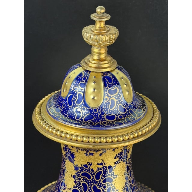 Cobalt Blue Porcelain Vase with Gilt Figural Reserve in the style of Sèvres, Befos For Sale - Image 4 of 18