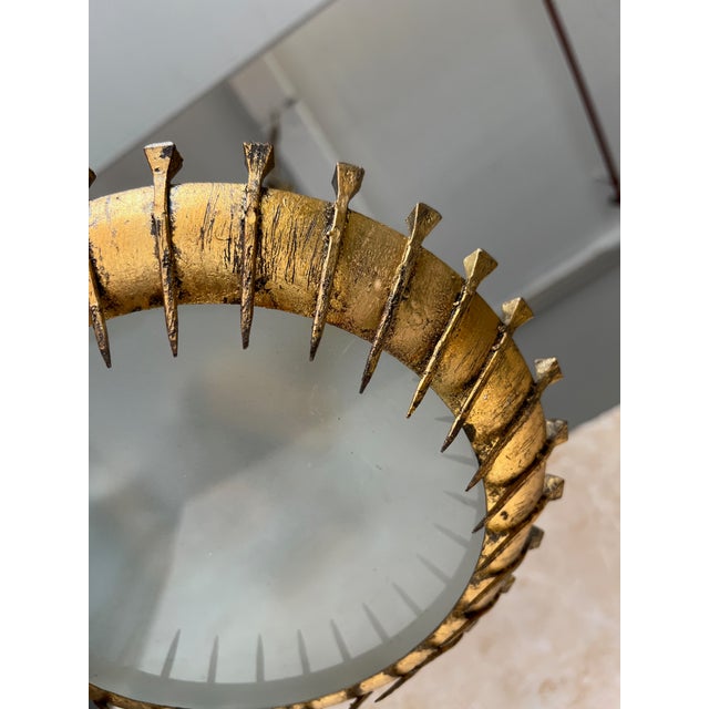 Metal Spanish 1960s Brutalist Gilt Metal Nail Design Sunburst Ceiling Fixture For Sale - Image 7 of 12