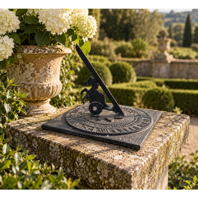 A classic vintage iron garden sundial, inspired by traditional English estate landscapes, featuring a horse and a poem...