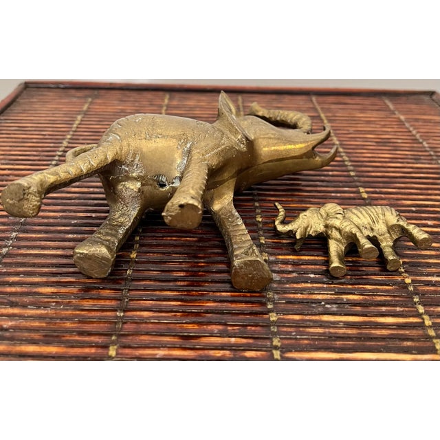 Metal Mid Century Brass Elephants Pair Trunks Up Good Luck Baby & Parent Set of 2 For Sale - Image 7 of 9