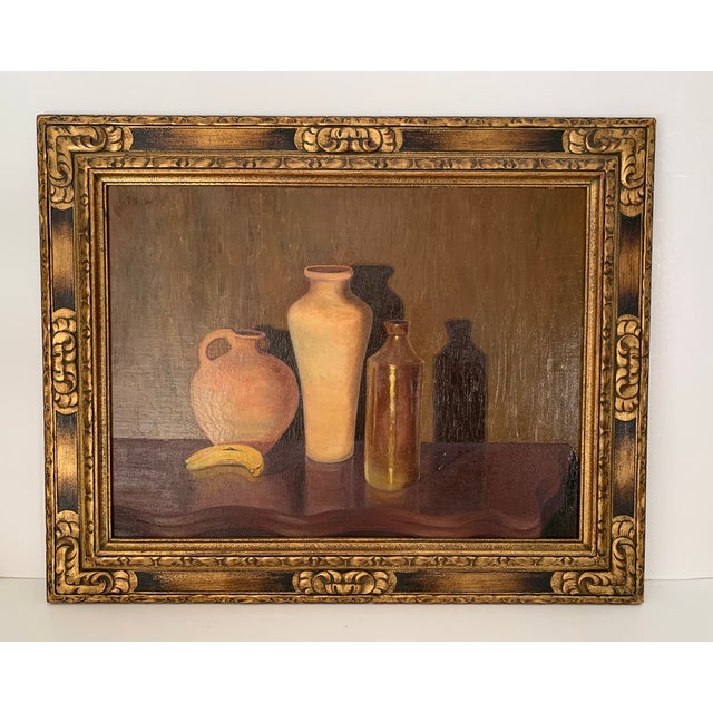 1930's Original Oil on Board Still Life with Three Vessels by Artist John Newton A beautiful interior scene depicting...