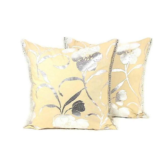 Silver Hand-Painted Silver Floral Pillow For Sale - Image 8 of 13