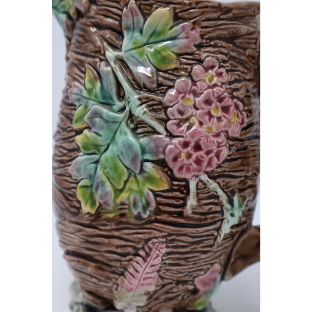 Antique English Majolica Rustic Floral Tree Bark Pitcher, Attributed to Shorter & Boulton For Sale - Image 13 of 18