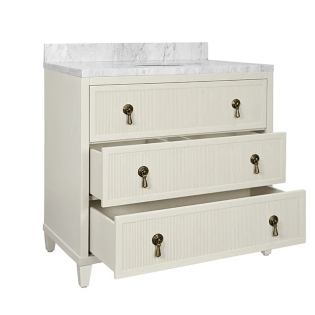 Worlds Away Matthew Izzo Home Enzo Antique White Single Porcelain Sink Bath Vanity For Sale - Image 4 of 9