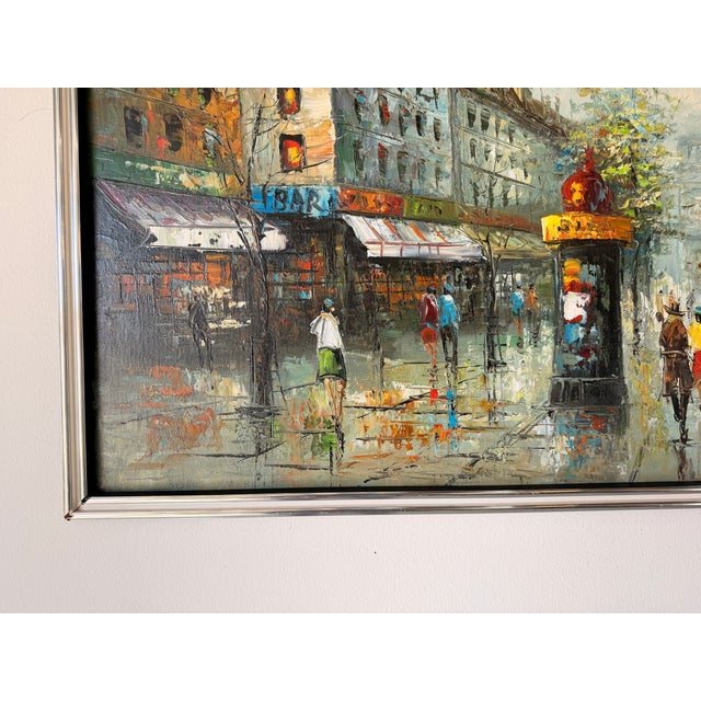 Orange Vintage Burnett Parisian Street Scene Oil on Canvas Painting – Framed For Sale - Image 8 of 13