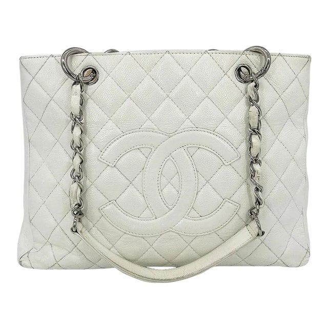 Chanel Quilted White Caviar Grand Shopper Tote For Sale