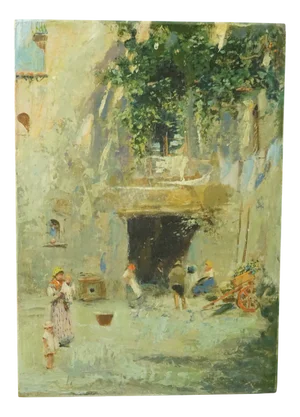 Vincenzo Caprile, Village Landscape, 19th Century, Oil Painting on Cardboard