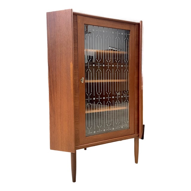 Danish Modern Teak Corner Glass Curio Cabinet or Bar For Sale