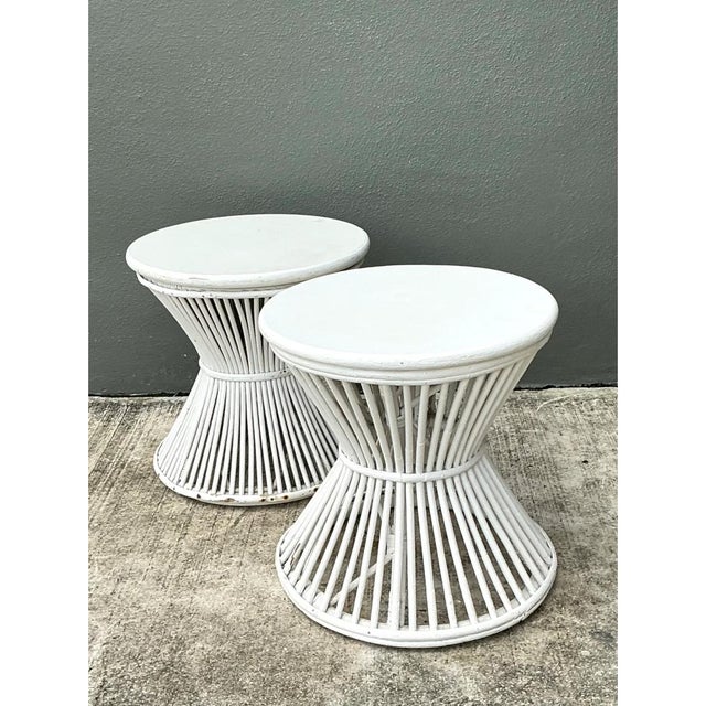 Vintage White Stick Rattan Hourglass Tables - A Pair For Sale - Image 11 of 12