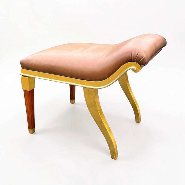 Art Deco Vintage French Stool After Ruhlmann in Leather and Carved and Gilded Wood For Sale - Image 3 of 7