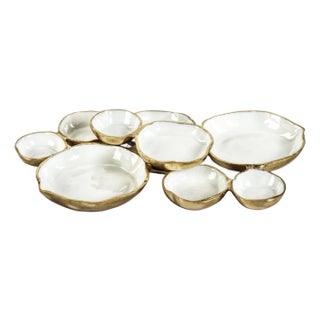 Kenneth Ludwig Chicago Cluster of Nine Round Serving Bowls- Gold w/ White Enamel For Sale