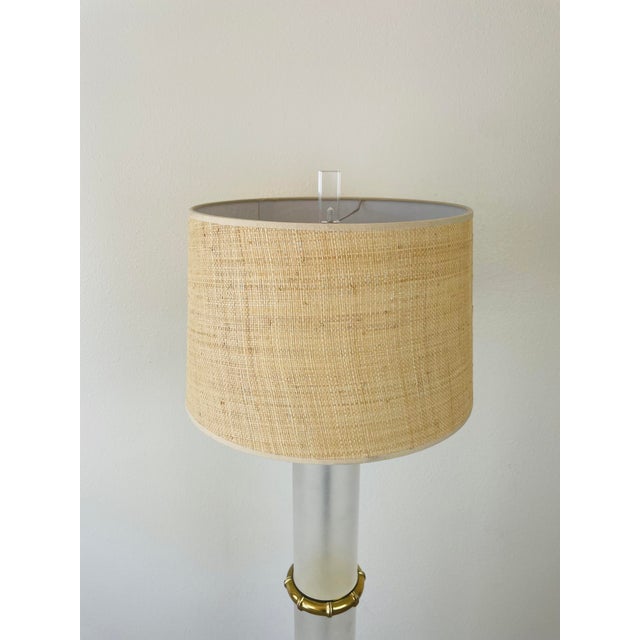Vintage 1970s Karl Springer Style Floor Lamp tall floor lamp made of sand blasted acrylic with brass faux bamboo rings...