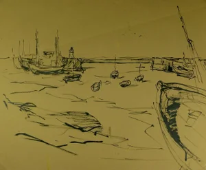 Jean-Baptiste Grancher, Vintage Ink Wash Drawing - Fishing Boats and Lighthouse