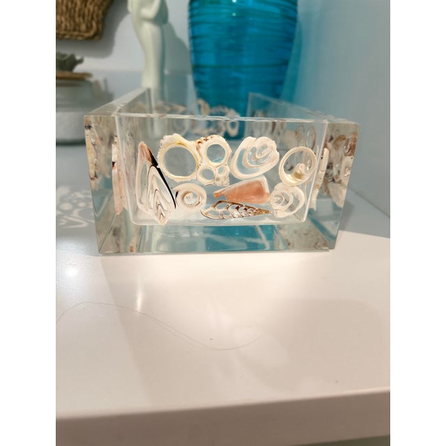 Plastic Vintage Thick Lucite Shell Encrusted Tissue Holder For Sale - Image 7 of 12