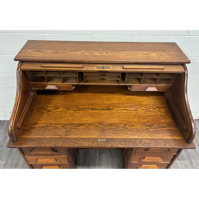 Antique American Mission Arts and Crafts Quarter Sawn White Oak Roll Top Desk For Sale - Image 9 of 14