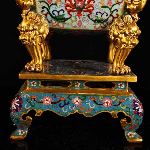 Late 20th Century Pair of Gilt Bronze Cloisonné Enamel Incense Burners With Stands For Sale - Image 9 of 10
