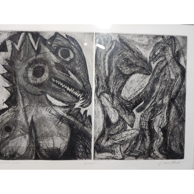 1990s 1990s J. Anne Black Brutalist Original Pencil Drawing Titled "Stare Proof Animals" For Sale - Image 5 of 5