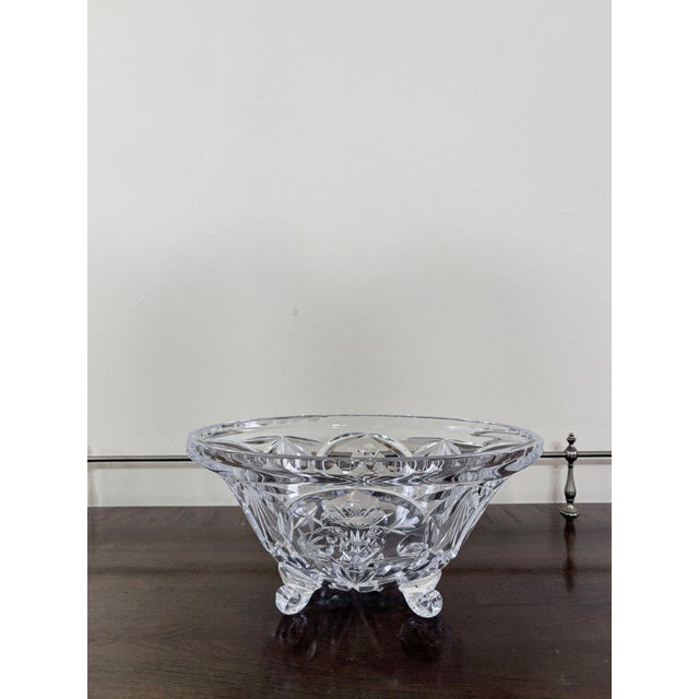 Vintage Cut Crystal Oval Footed Centerpiece Bowl — Starburst & Floral Scalloped Design For Sale - Image 9 of 11