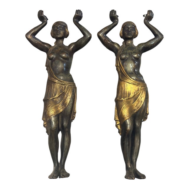 Mid 20th Century 29.5" Tall Art Deco Classical Bronze Maidens Statues Sculptures - Set of 2 For Sale