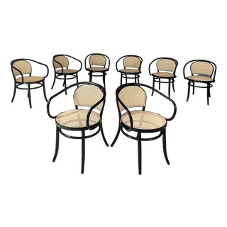 Italian Modern Chairs in Straw and Black Wood, 1970s, Set of 8 For Sale