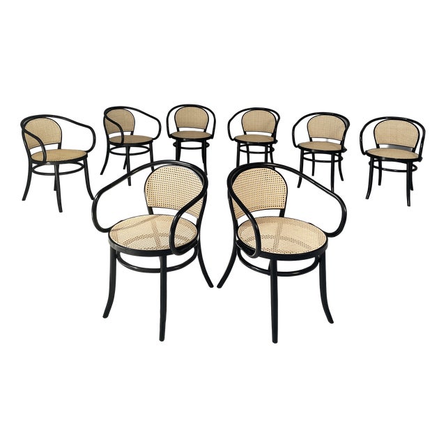 Italian Modern Chairs in Straw and Black Wood, 1970s, Set of 8 For Sale