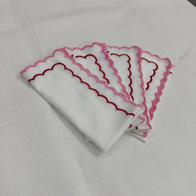 Double Scalloped White Napkins with Red and Light Pink Embroidered Trim - Set of 4 For Sale - Image 4 of 11