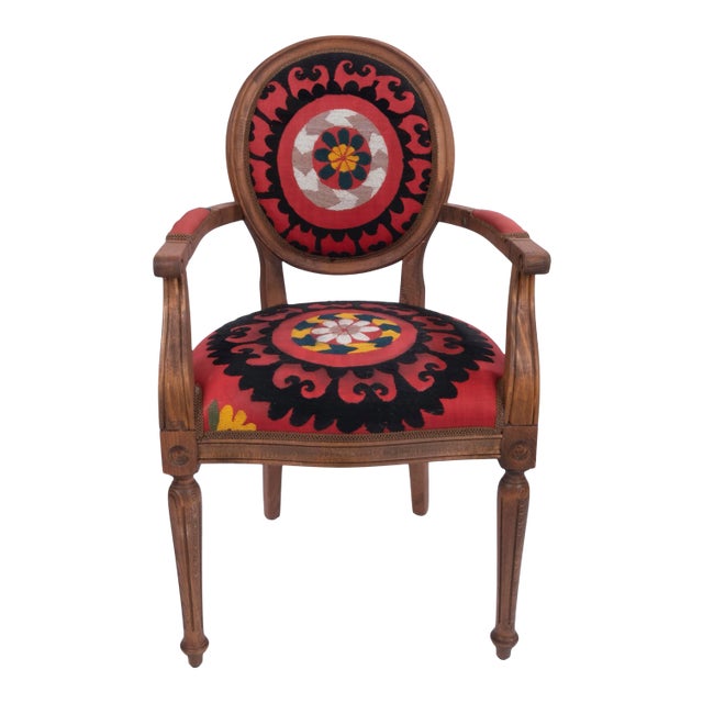 Vintage Wooden Suzani Armchair - Diningroom Chair With Bergere Style For Sale