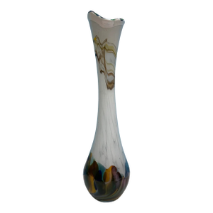 Art Glass Bud White With Polychromatic Base Vase