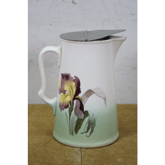 Early 20th Century Antique Villeroy & Boch Porcelain Mettlach Metal Lidded Iris Flower Pitcher Jug 7" For Sale - Image 5 of 15