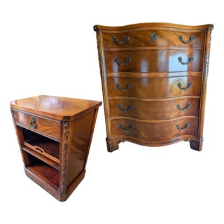 Vintage Century Furniture Mahogany Serpentine Chest & Bedside Cabinet | French Provincial Influence, 2 Pieces For Sale