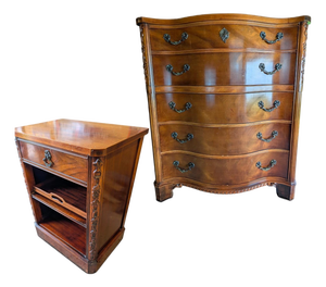 Vintage Century Furniture Mahogany Serpentine Chest & Bedside Cabinet | French Provincial Influence, 2 Pieces